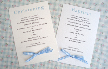 christening invitation postcards with gingham ribbon bow